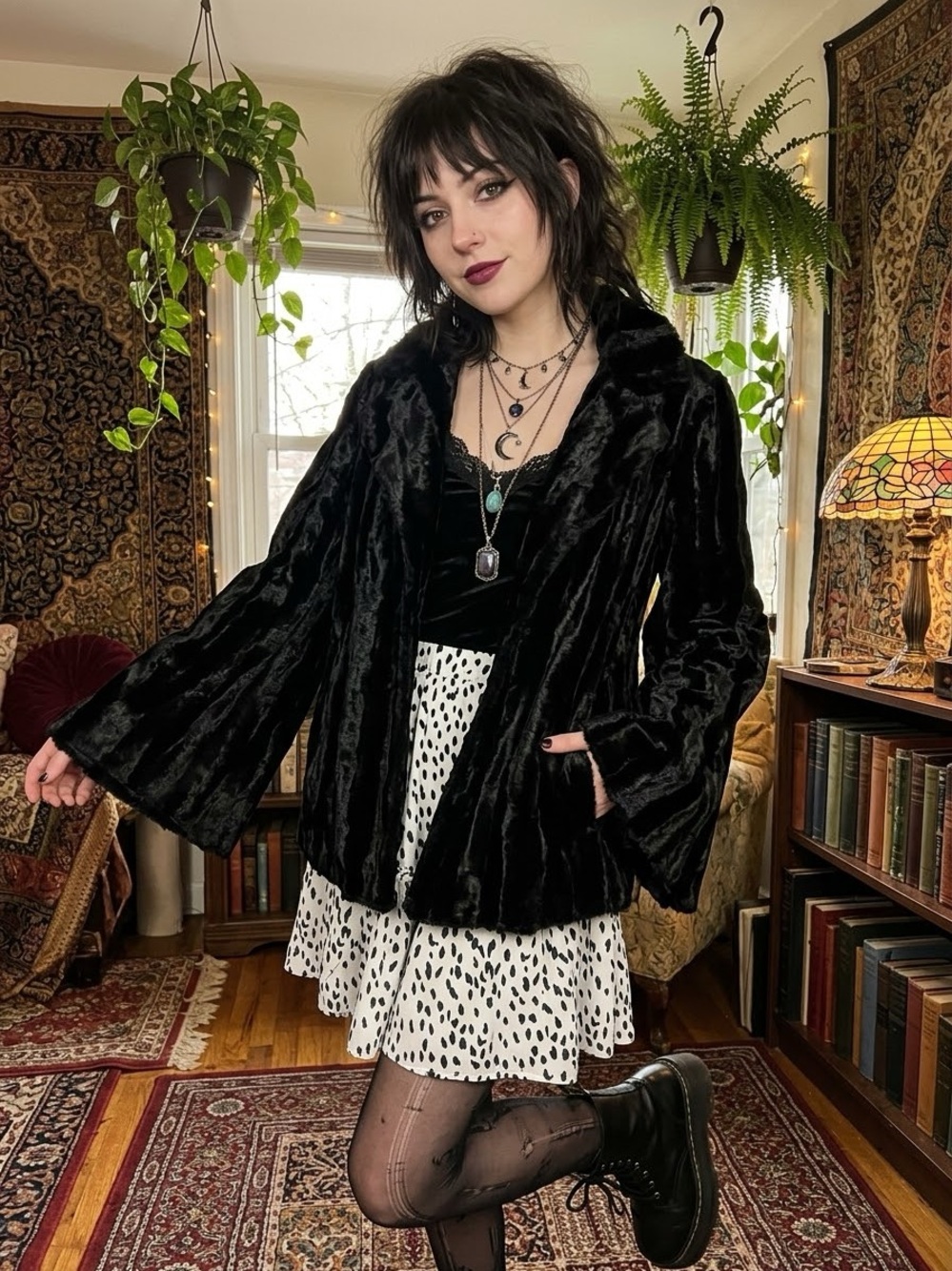 INC Black Faux Fur Bell Sleeve Jacket Whimsigoth Vampy Mobwife